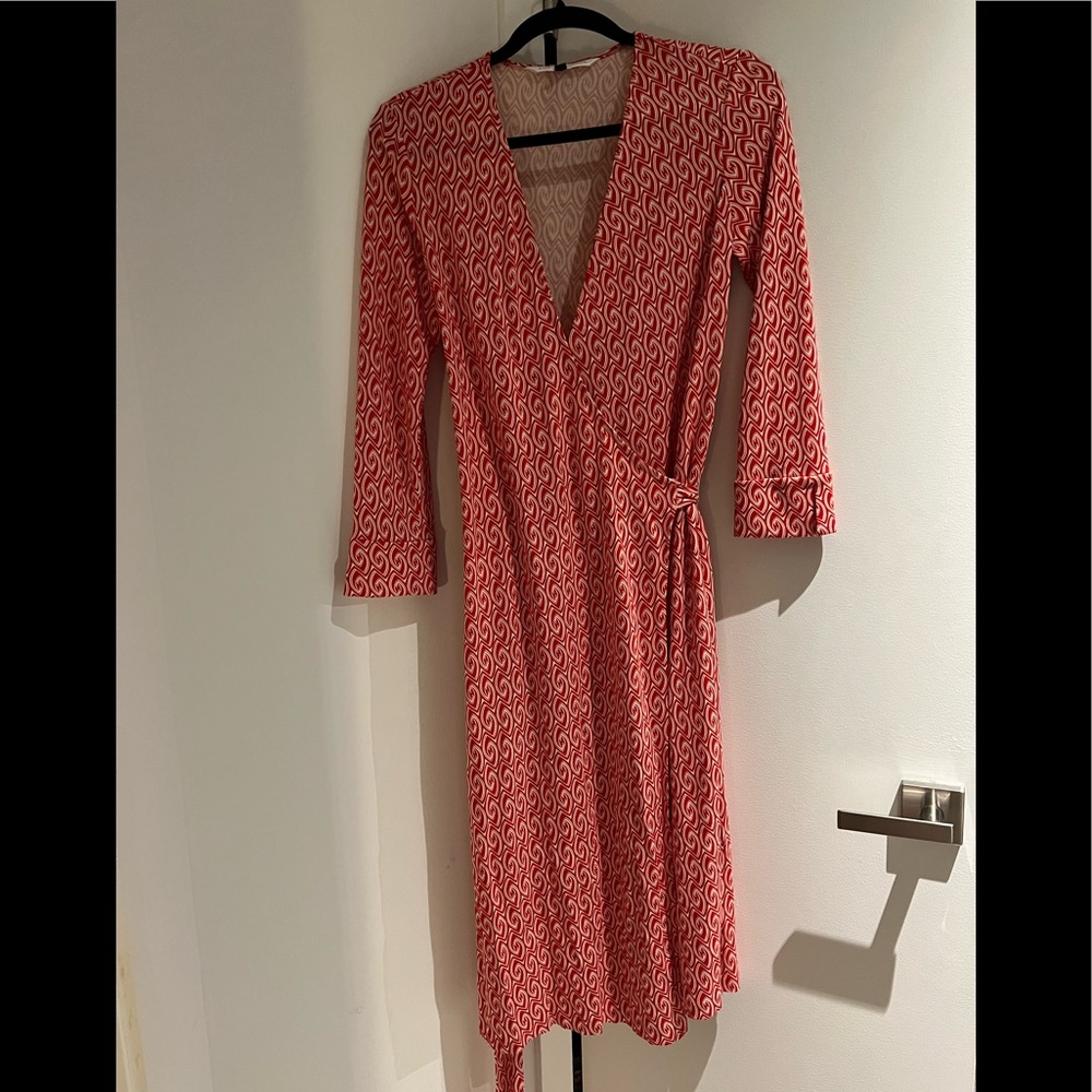 DVF Red Silk Wrap Dress US10, L